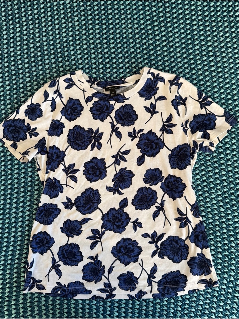 Ann Taylor White Tee with Navy Floral Print